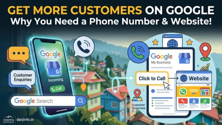 Google Business Profile phone number and website: get more customers on Google, an illustration by Darjeeling Informatics