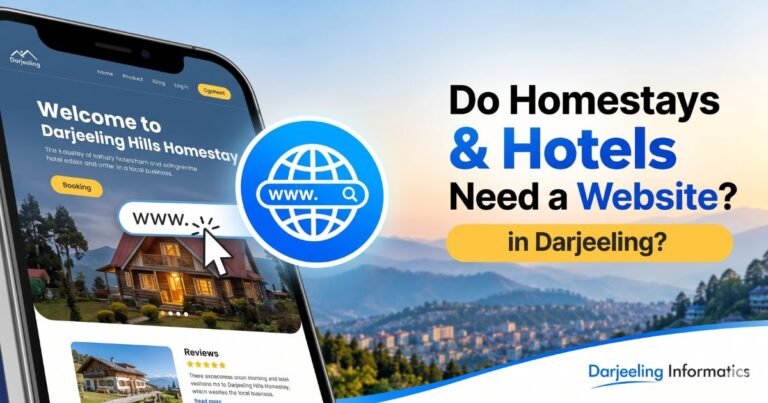 Homestay website in Darjeeling shown on a phone with booking button, reviews and a mountain house photo