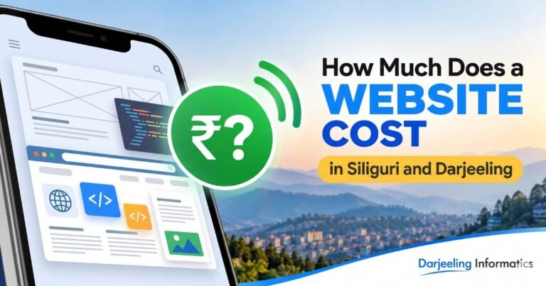 Phone showing a website layout with a rupee question mark, illustrating website cost in Siliguri and Darjeeling